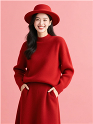 红色休闲羊绒衫套装美女写真图片