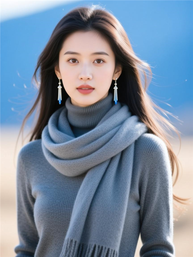 长发飘飘戴着灰色围巾美女图片