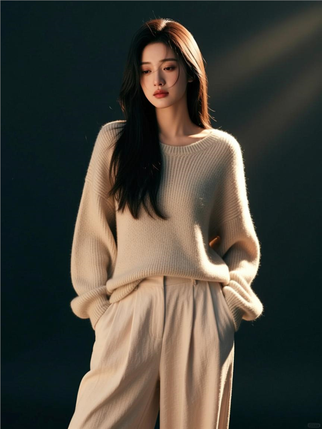 慵懒风米色羊毛衫美女写真图片