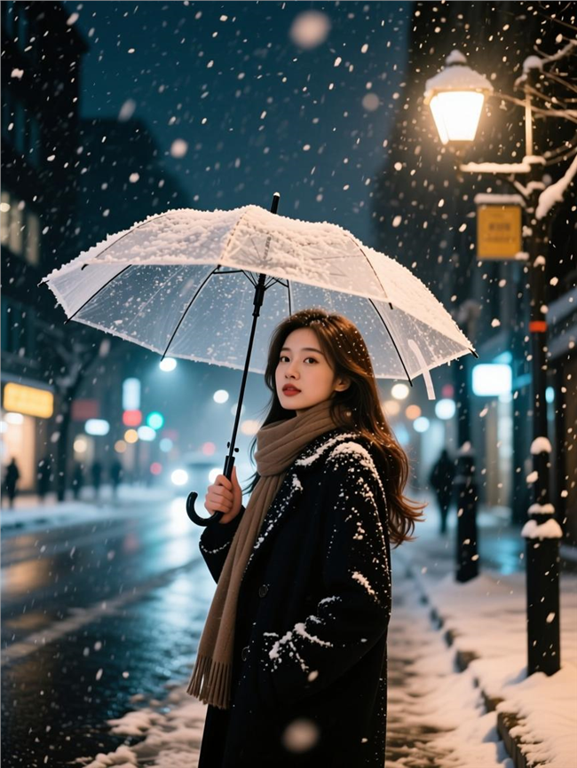 冬季下雪天夜晚街头撑伞美女图片