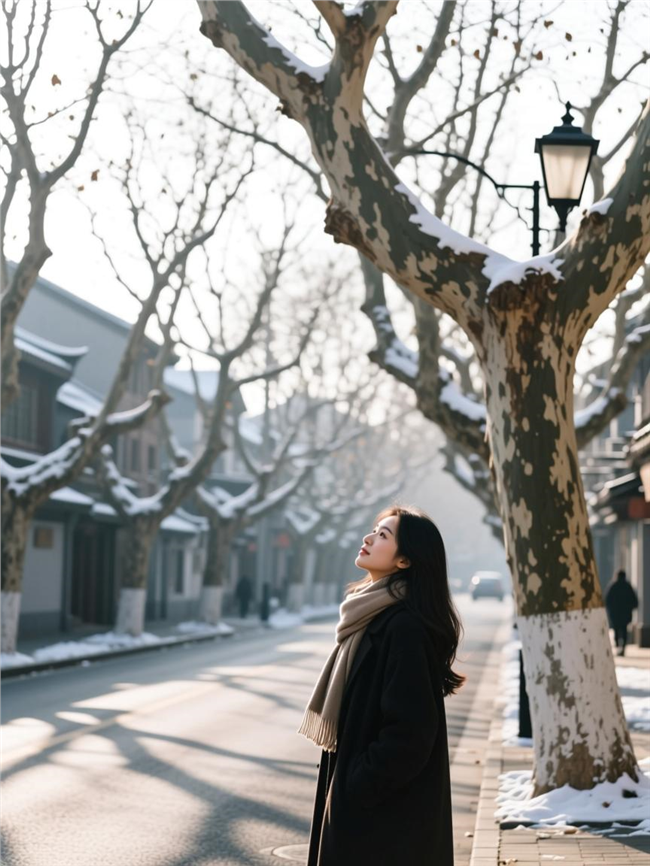 冬季街头枯枝梧桐树下美女图片