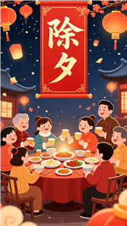 卡通插画风格除夕团圆海报图片