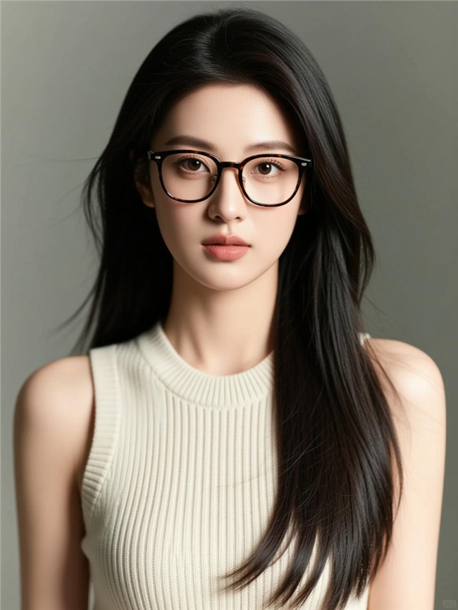 长发戴眼镜无袖针织衫美女写真图片