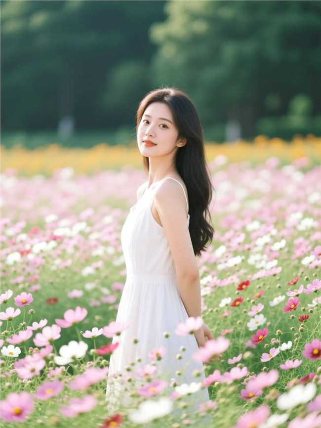 春天花海白色裙子美女写真图片