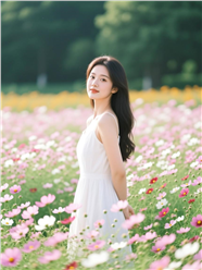 春天花海白色裙子美女写真图片