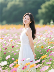 白色连衣裙美女站在花海中微笑图片