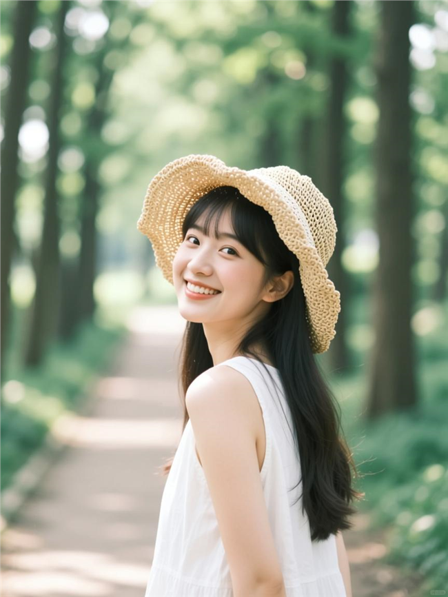 戴着草帽回眸一笑的美女图片