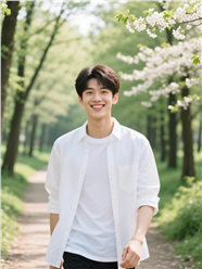 春天林间小路白衣帅哥图片