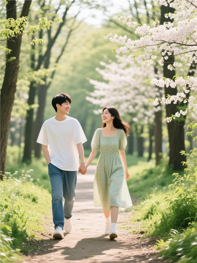 治愈系林间小路情侣牵手图片