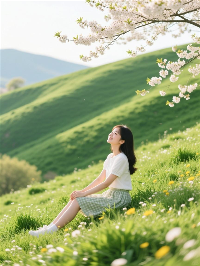 坐在绿色山坡上欣赏美景的美女图片