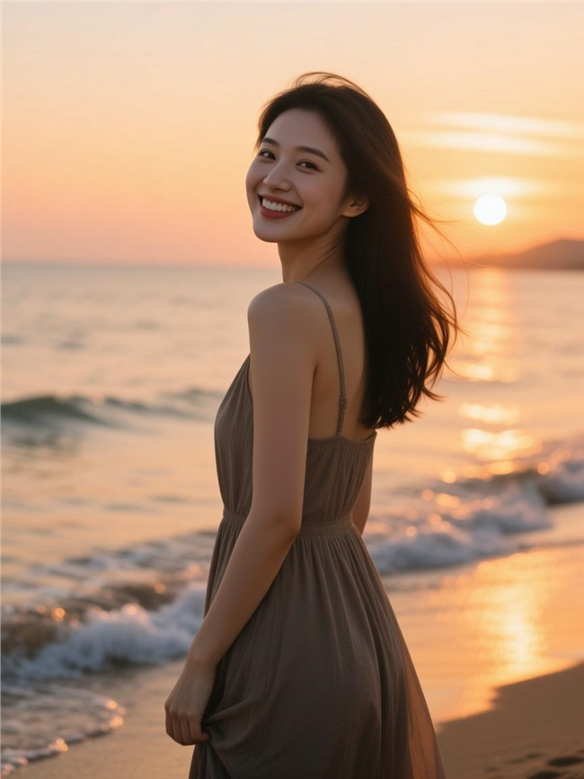 海边黄昏回眸一笑美女写真图片