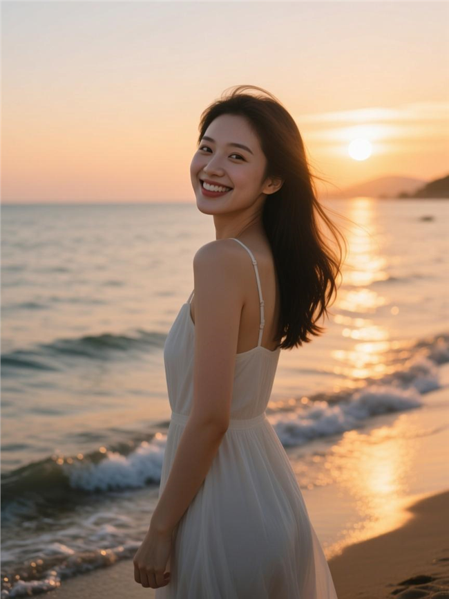 黄昏海边美女回眸一笑图片