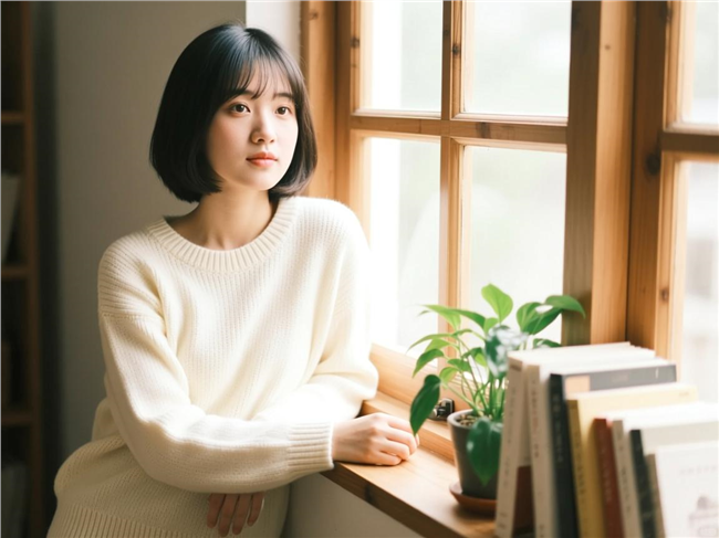 倚靠在窗边的米色毛衣美女图片