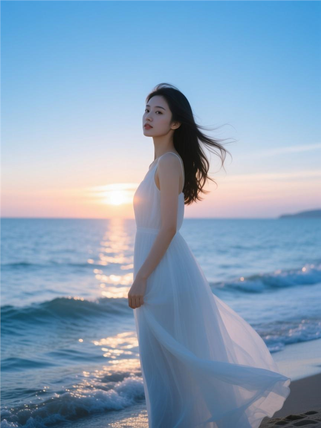 海边白色连衣裙美女黄昏写真图片