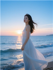 海边白色连衣裙美女黄昏写真图片