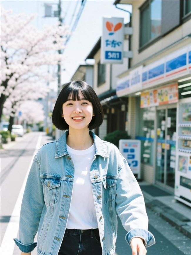 日系文艺街拍牛仔衣美女图片