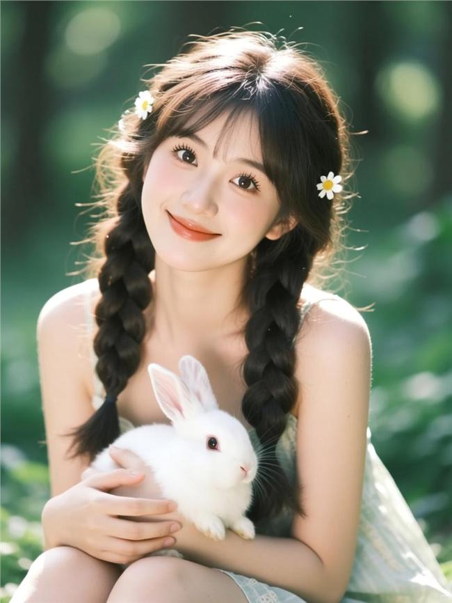 抱着可爱小白兔的森系美女图片