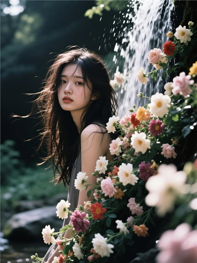 长发美女站在瀑布花海边图片