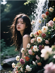 长发美女站在瀑布花海边图片