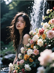 山涧瀑布美女写真摄影图片