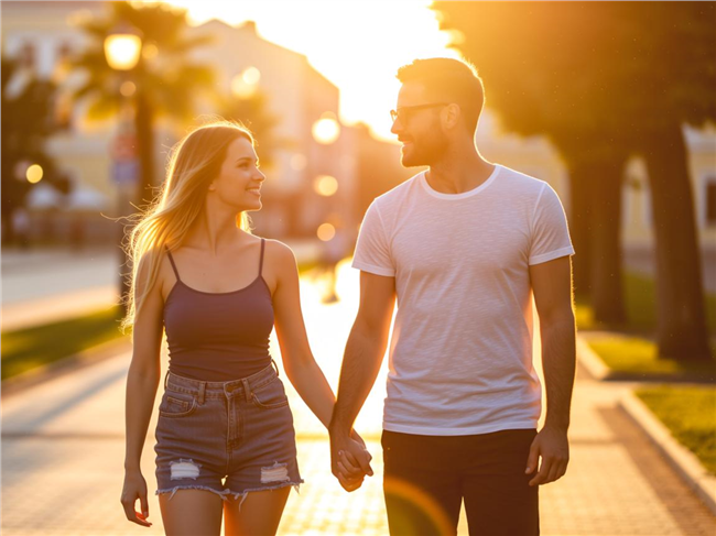 夏日街头黄昏夕阳余晖情侣牵手图片