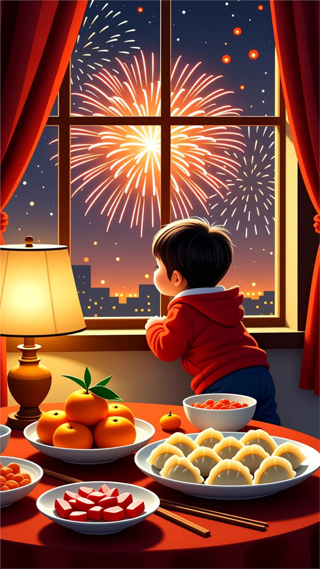 除夕守岁卡通插画图片