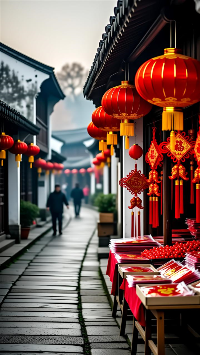 春节清晨老街摄影图片