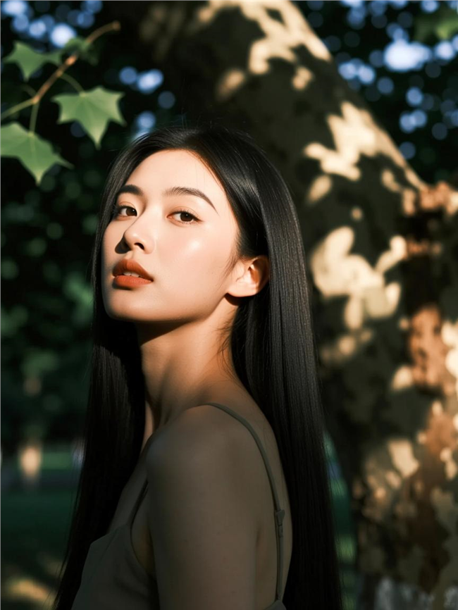 夏日逆光森林长直发美女摄影图片