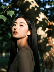 夏日逆光森林长直发美女摄影图片