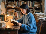 蓝色羊毛衣美女灯下看书图片