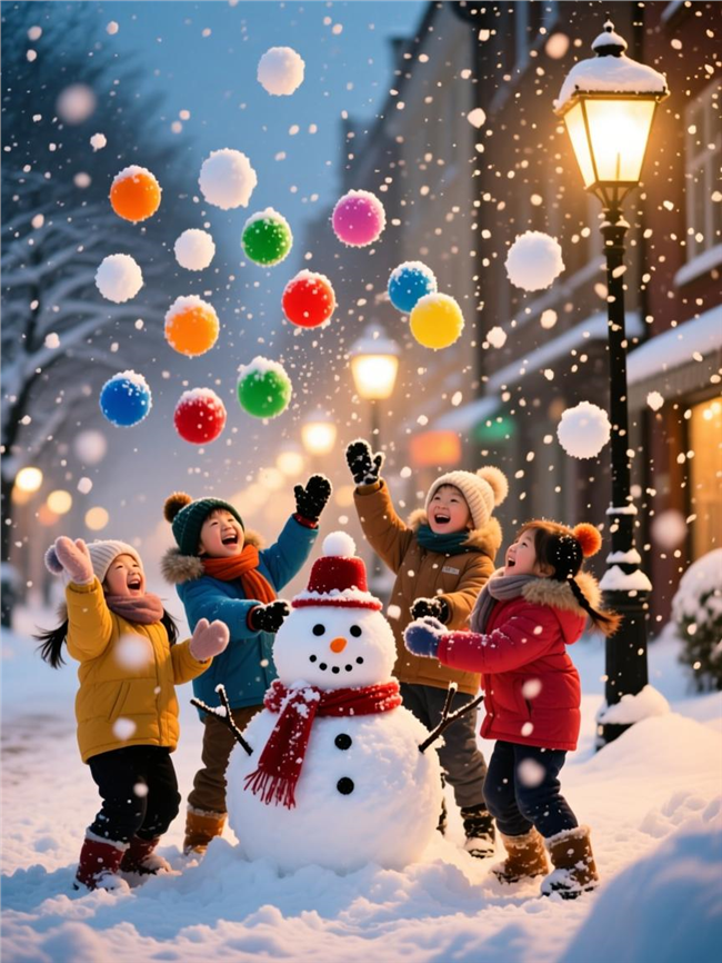 冬季雪花飞舞孩子们欢乐场景图片