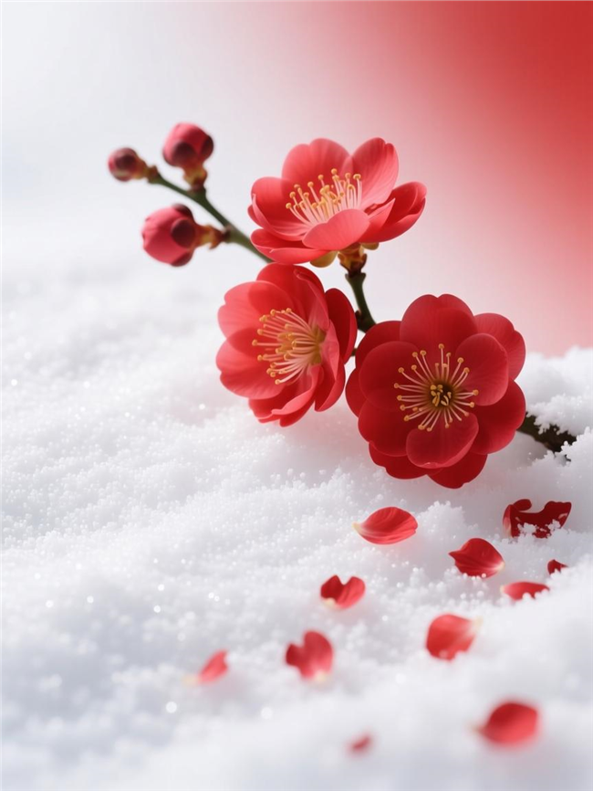 白色雪地上的红色腊梅图片