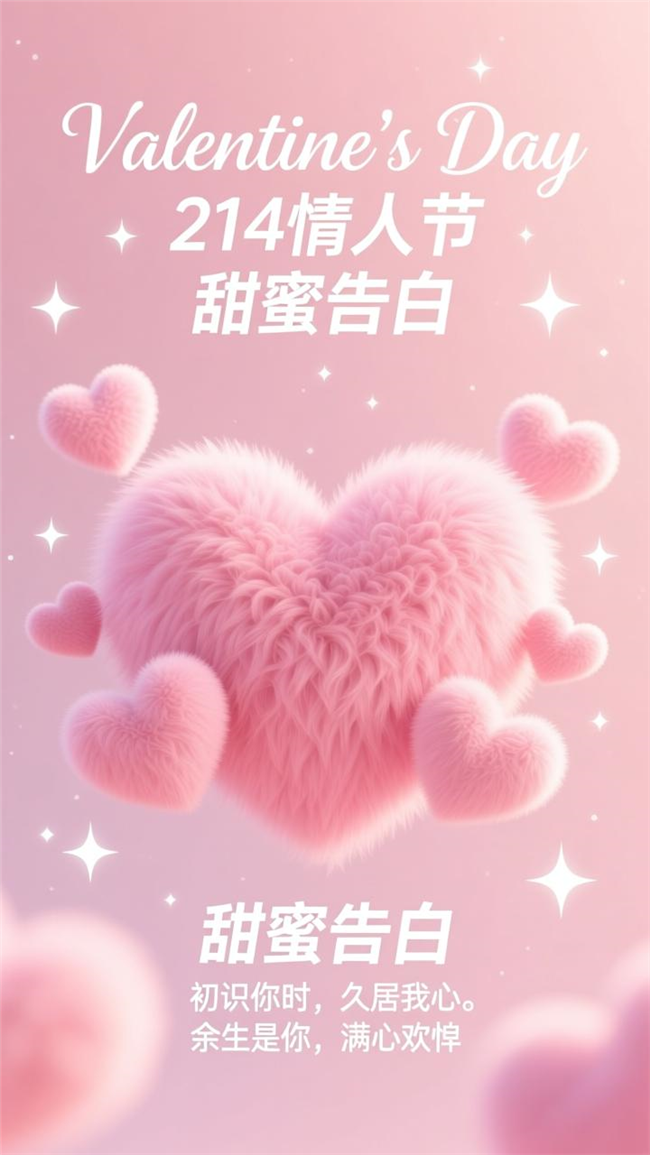 粉色毛绒质感爱心情人节海报图片