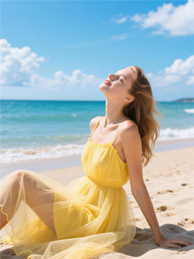夏日海边黄色连衣裙美女写真图片