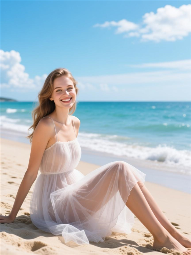 夏日海边白色性感纱裙美女写真图片