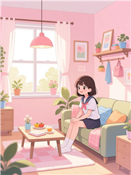 粉色治愈系居家动漫少女图片