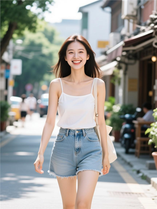 夏日街拍清纯白色吊带短裤美女图片