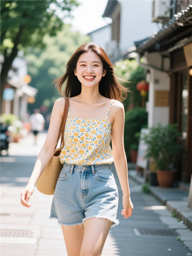 街头碎花吊带衫短裤美女写真图片