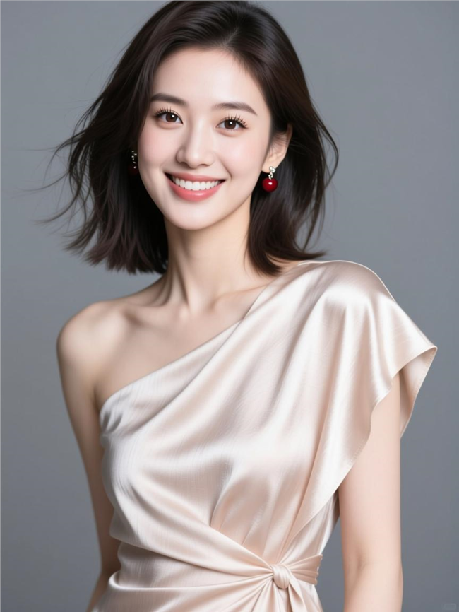 齐肩短发气质斜肩装美女图片