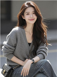 面容清秀灰色针织衫长发美女图片