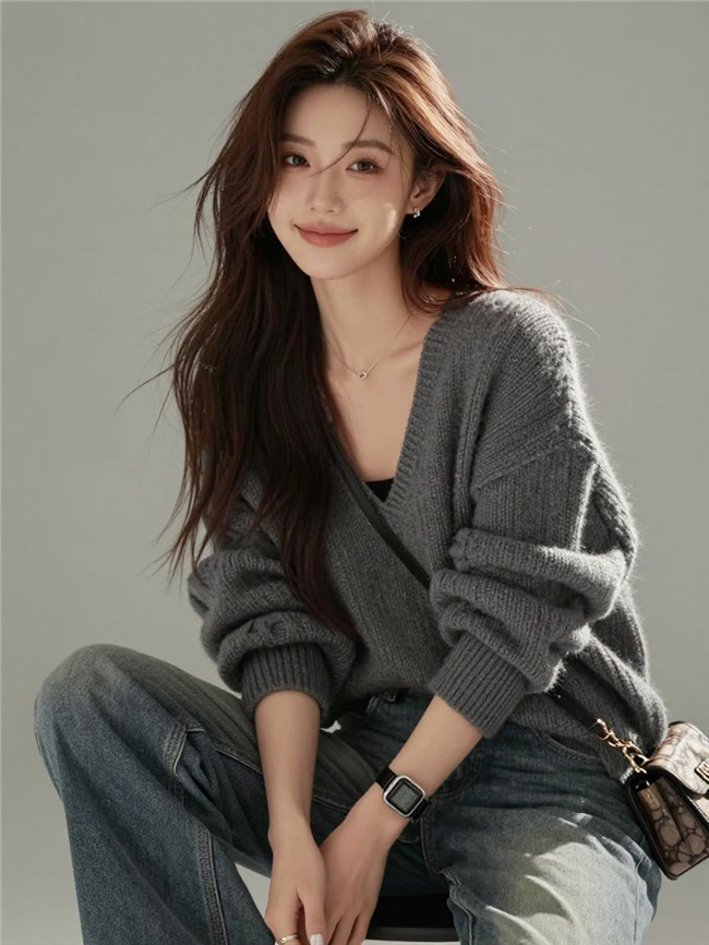 棕色长卷发灰色毛衣美女写真图片