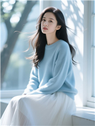 冷白皮蓝色套头针织衫美女图片