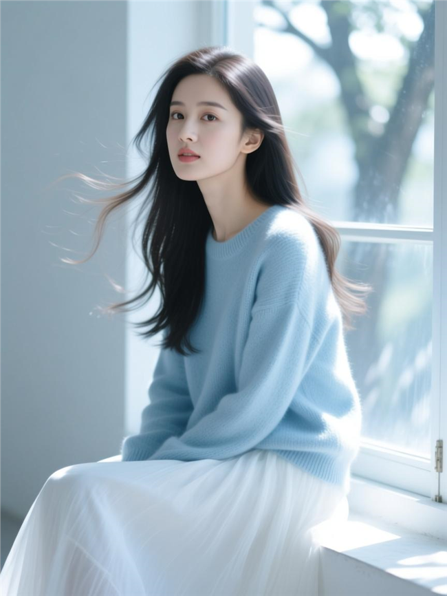 白色半裙蓝色针织衫美女坐在落地窗图片