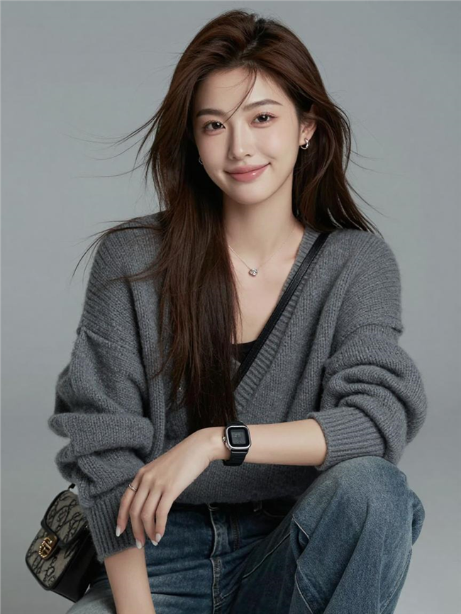 灰色针织外套美女摄影图片