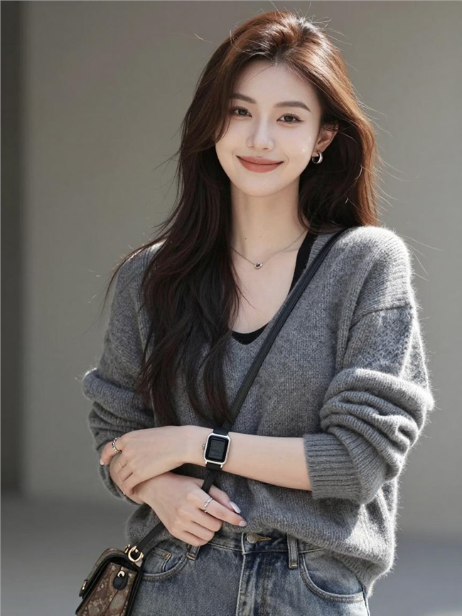 挎着斜肩包灰色针织外套美女图片