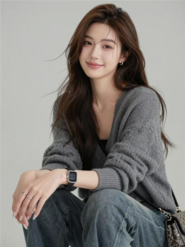 棕色长卷发灰色针织外套美女写真图片