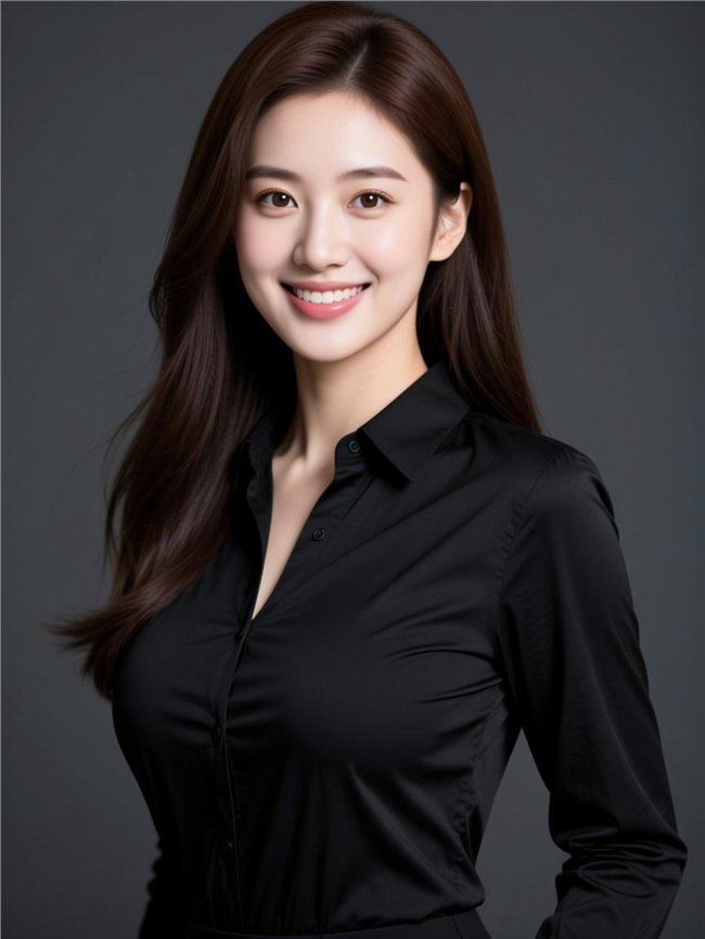 笑容温和的黑色衬衫美女图片