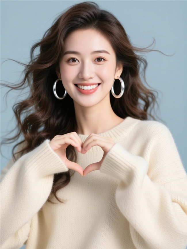 米色宽松针织衫手比爱心美女图片