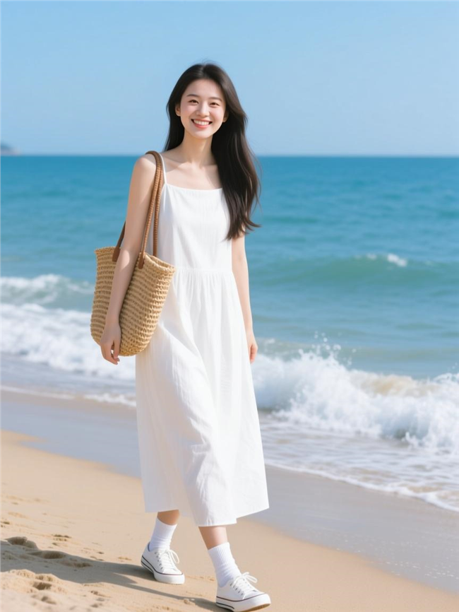 夏日海边白色连衣裙美女写真图片