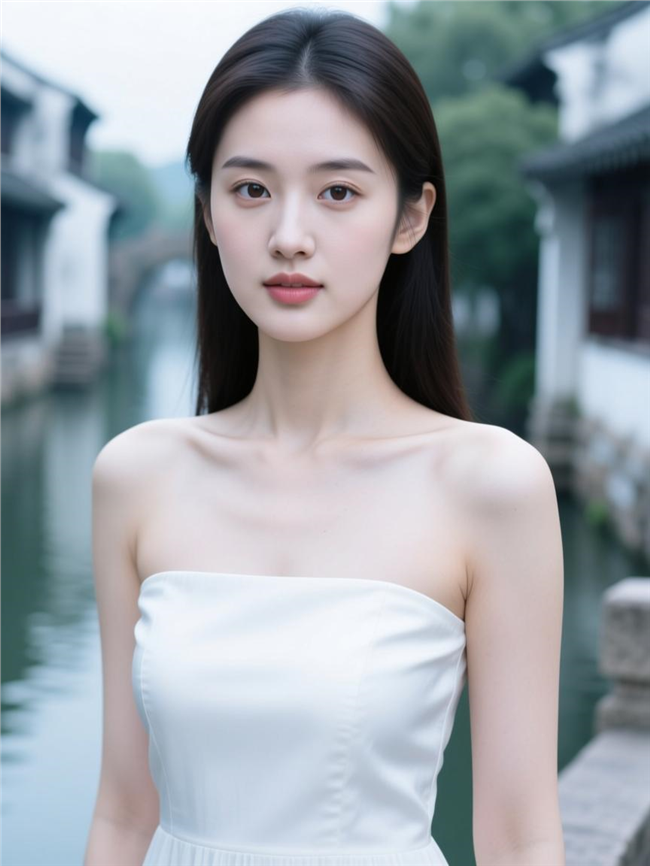 江南水乡性感白色抹胸裙美女摄影图片